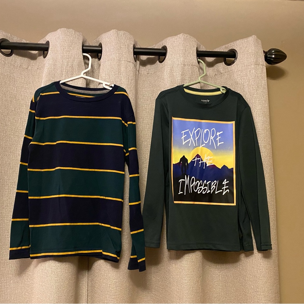 Old Navy 2 Pack Dark Green/Yellow Striped & Athletic Long Sleeve Tee, Size M (8)